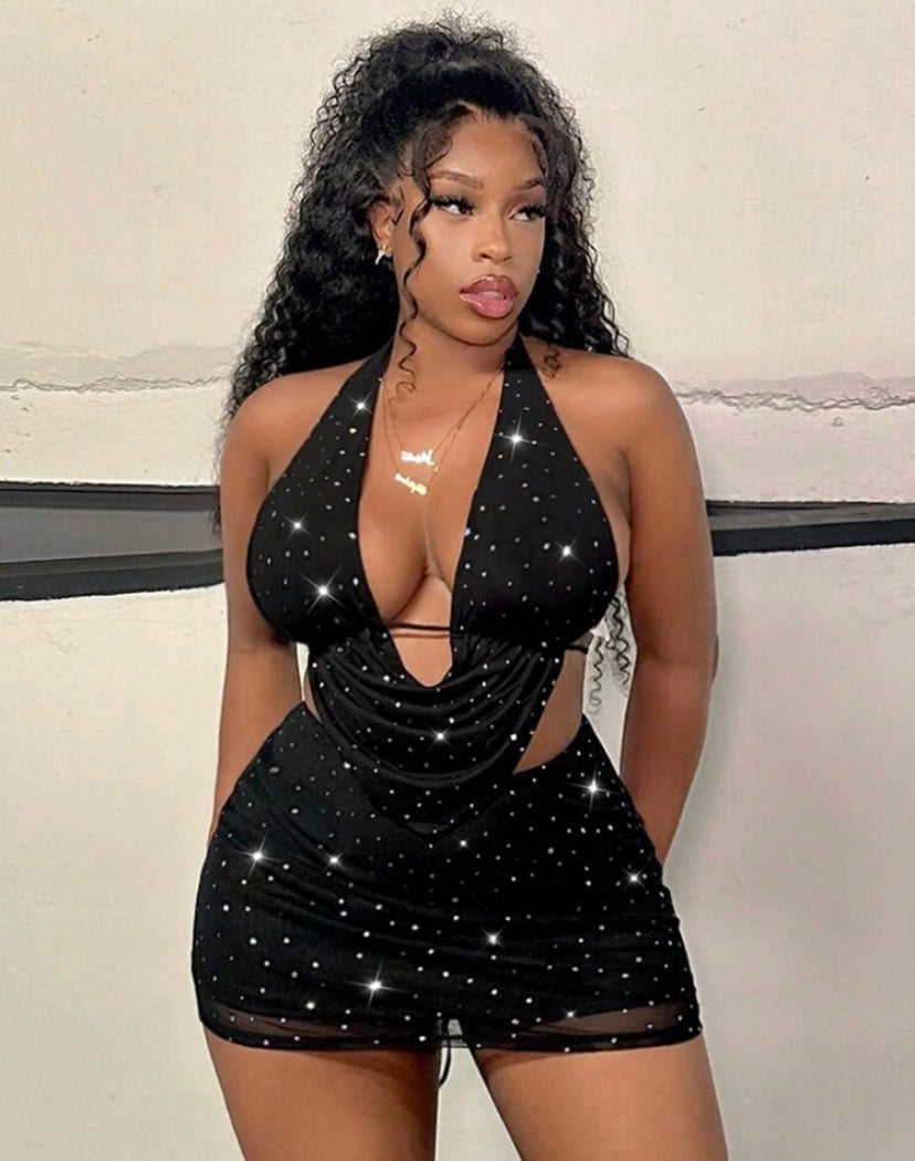 Slaydiva Women's Black Mesh Sparkling Rhinestone Halter Backless Top & Mini Skirt 2pcs Set,Black And White Polka Dot,Summer,Club Night,Pool Party,Music Fest
