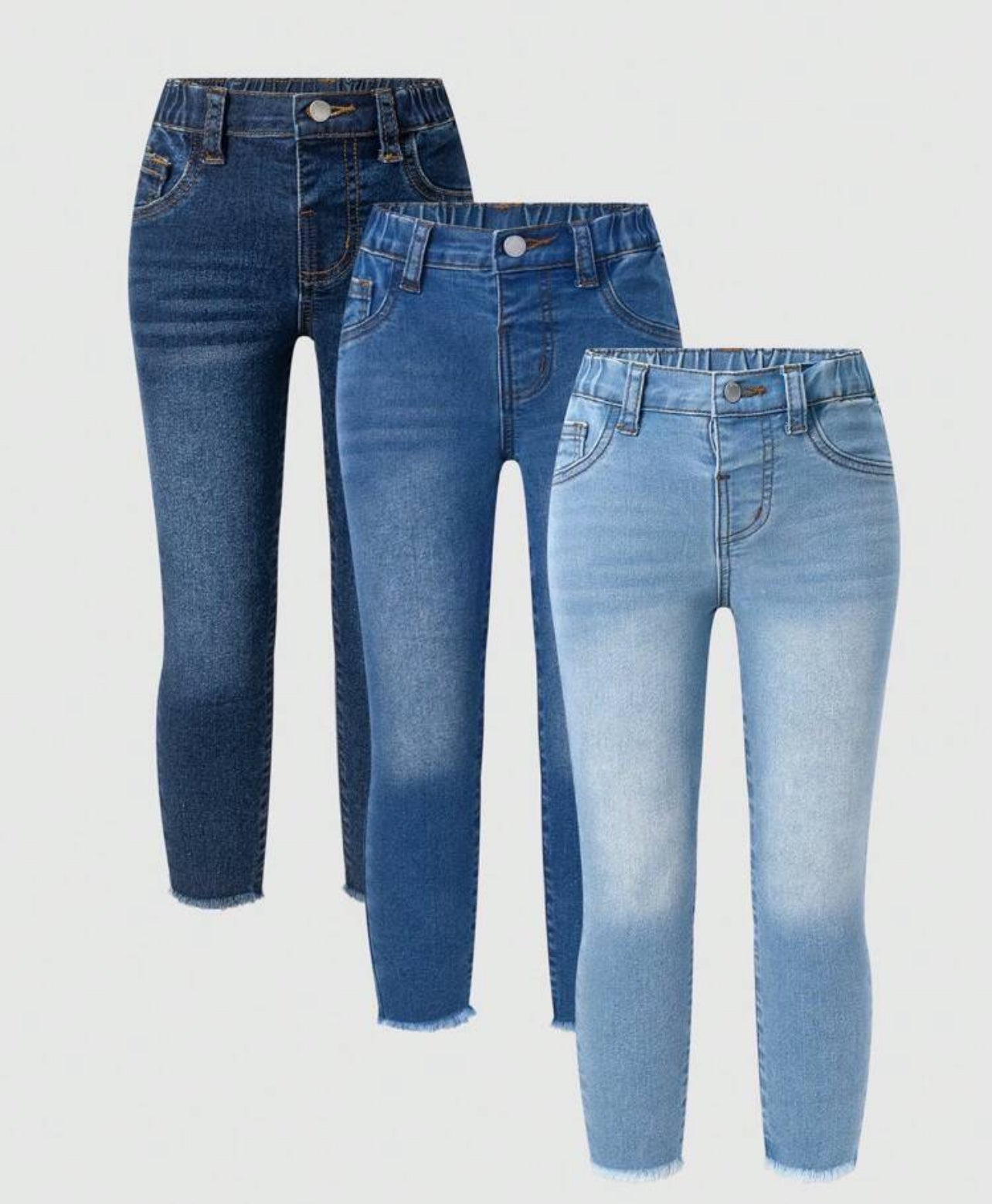 Young Girl Y2K 3 Pairs Girls Navy/Mid Blue/Light Blue Denim Stretch Snug Fit Jeans, Kid Girls Spring And Summer Casual Vacation Hobo Wear Denim Jeans