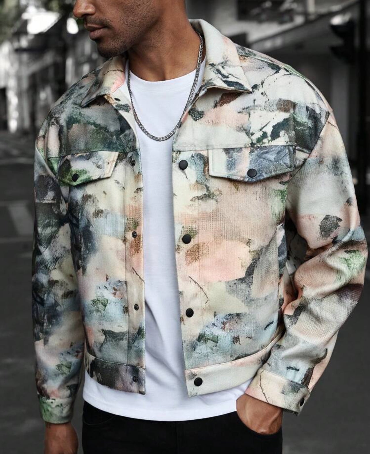 Manfinity Homme Men's IN Street Style Vintage Colorful Printed Open-Door Barrel Fake Pocket Long Sleeve Jacket ,Button Up Jacket ,Cargo Jacket ,Men Jacket ,Fall And Winter Men Going Out Fashion Colorful Graphic Jacket, For Friends, Husband, Boyfriend Gift