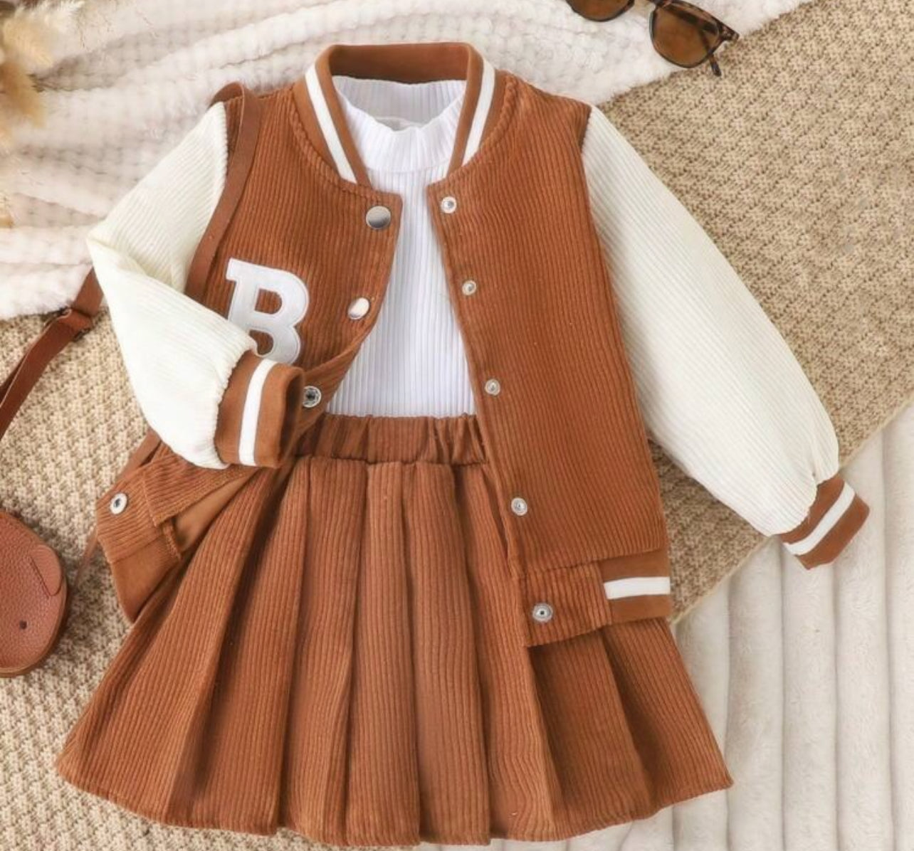 2pcs/Set Young Girl Collegiate Baseball Jacket & Corduroy Skirt, Fall & Winter
