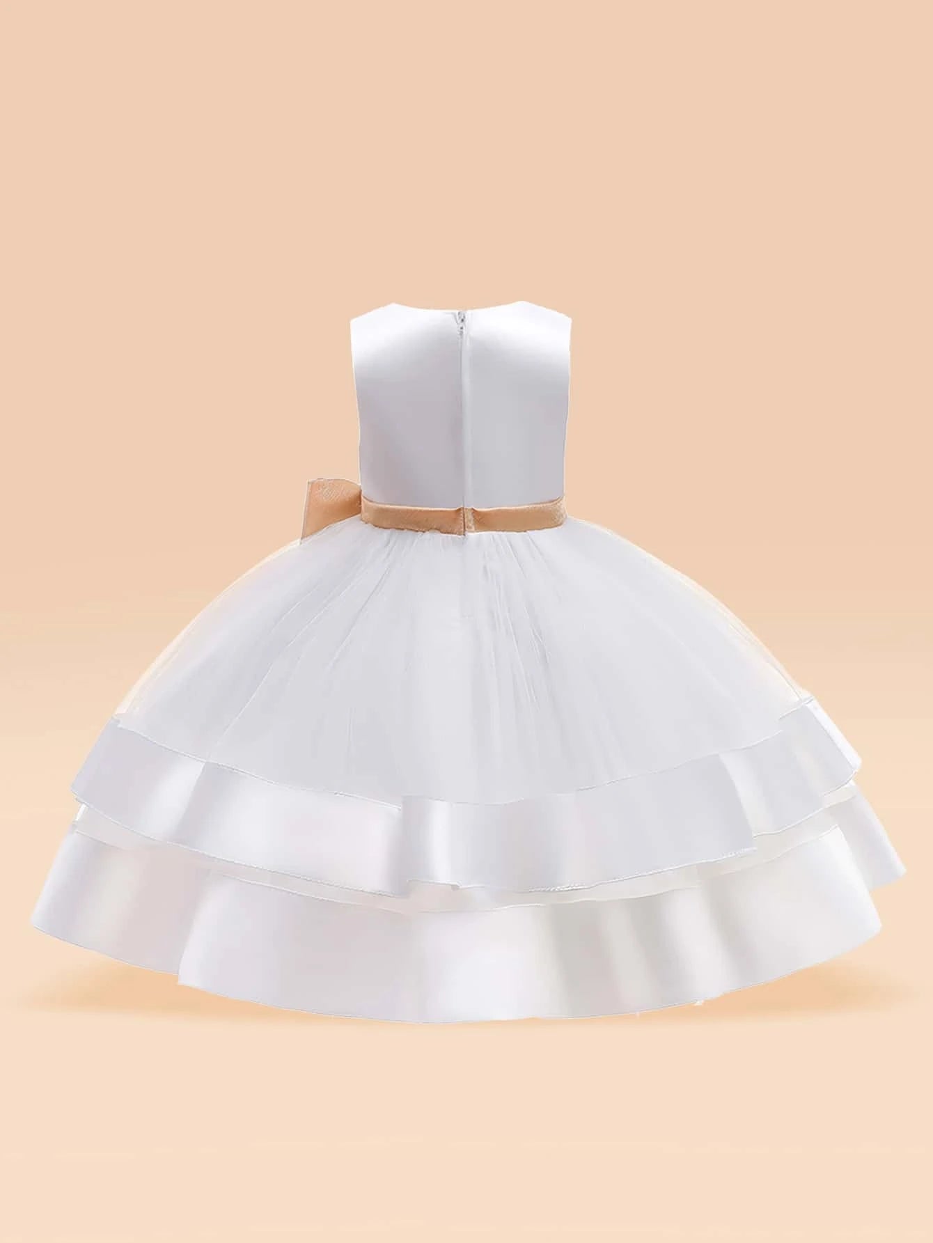 Toddler Girls Bow Front Layered Flare Hem Mesh Party Dress