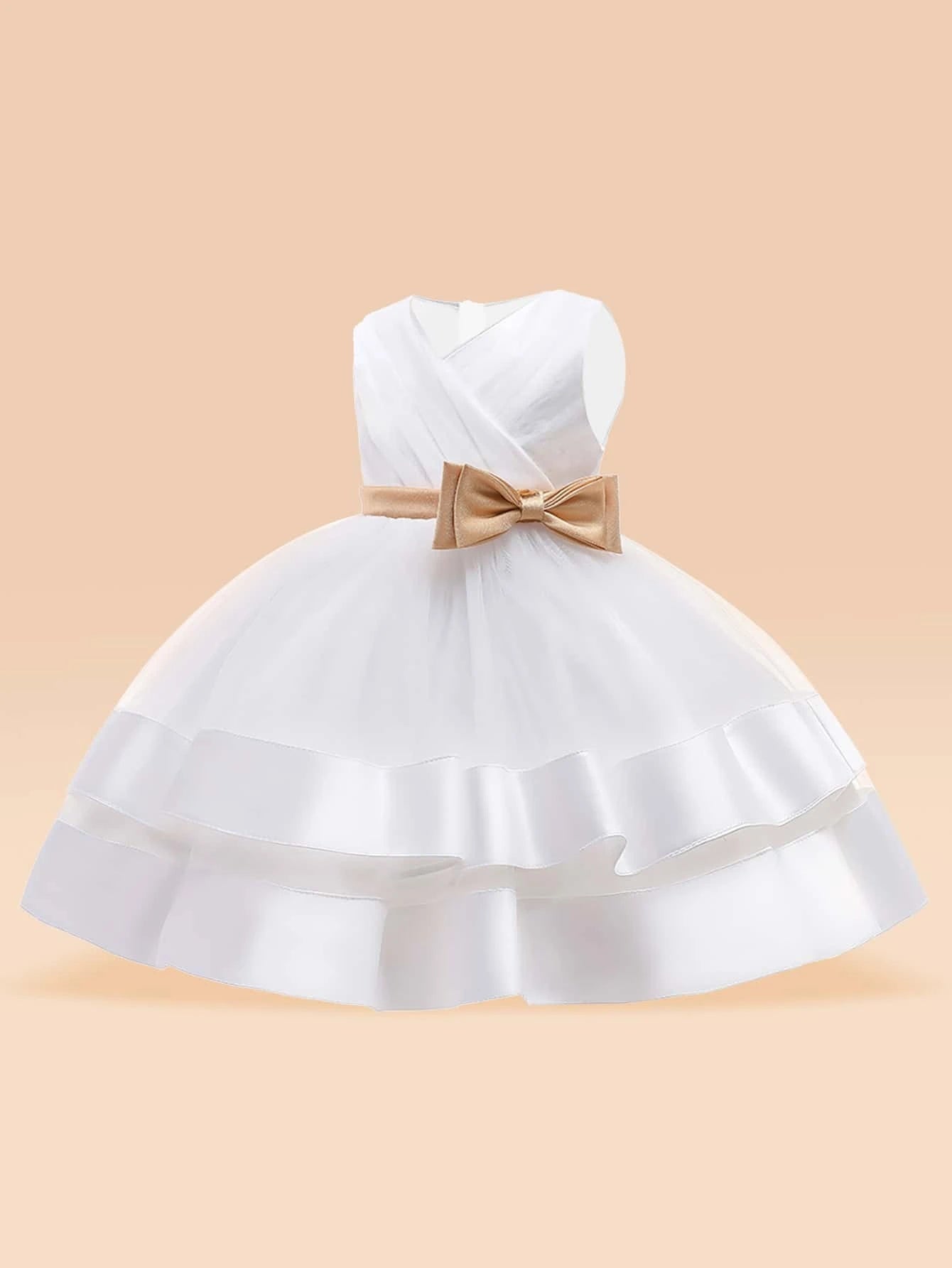 Toddler Girls Bow Front Layered Flare Hem Mesh Party Dress