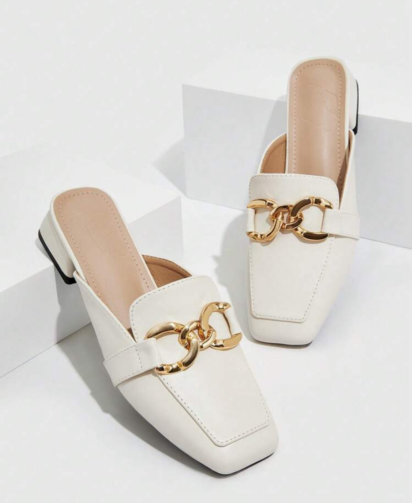 CUCCOO BIZCHIC Women Metal Decor Square Toe Mule Flats, Fashion Outdoor Flats For Summer Vacation Shoes Summer Sale Back To School Shoes College Student Shoes Elegant Basics Business Casual Business Chic Halloween