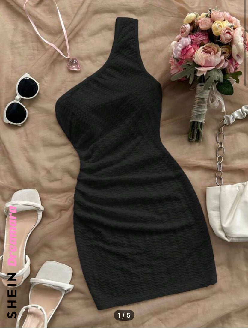 SHEIN Dreamara Casual Solid Color Draped One Shoulder Fitted Mini Dress