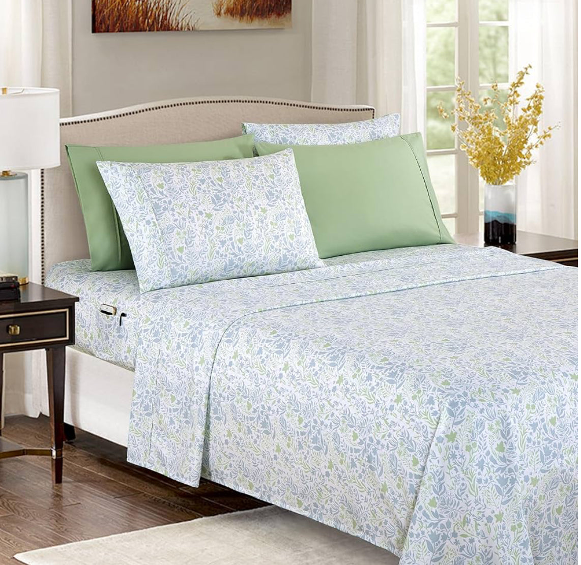 Elegant Comfort Softest and Coziest 6-Piece Sheet Set - 1500 Premium Hotel Quality Microfiber - Deep Pocket, Wrinkle Resistant 6-Piece Floral Bed Sheet Set, Full, Anita green
