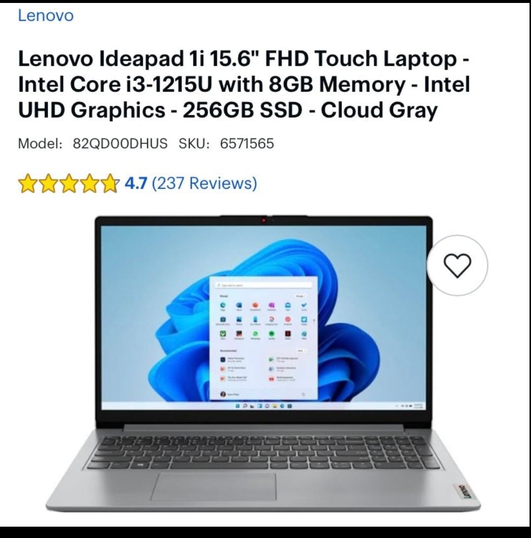 Lenovo ideapad 1i 15.6 Touch laptop intel core
