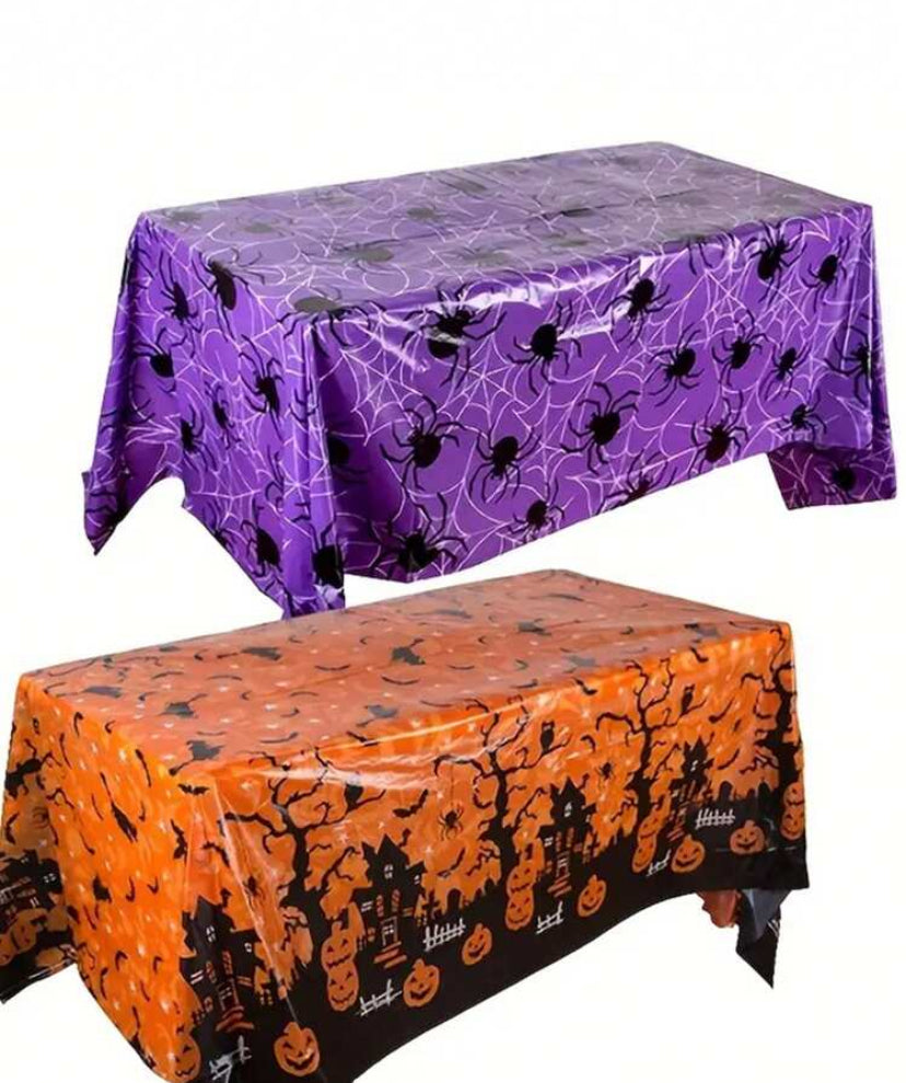 Halloween Decoration Themed Party Tablecloth, Rectangular 87 * 51 Inches, Purple Spider Web, Orange Pumpkin Castle Ghost Tablecloth, Washable Waterproof, Wrinkle Resistant And Stain Resistant Tablecloth, Halloween Table Decoration, Pumpkin Party Horror Ni