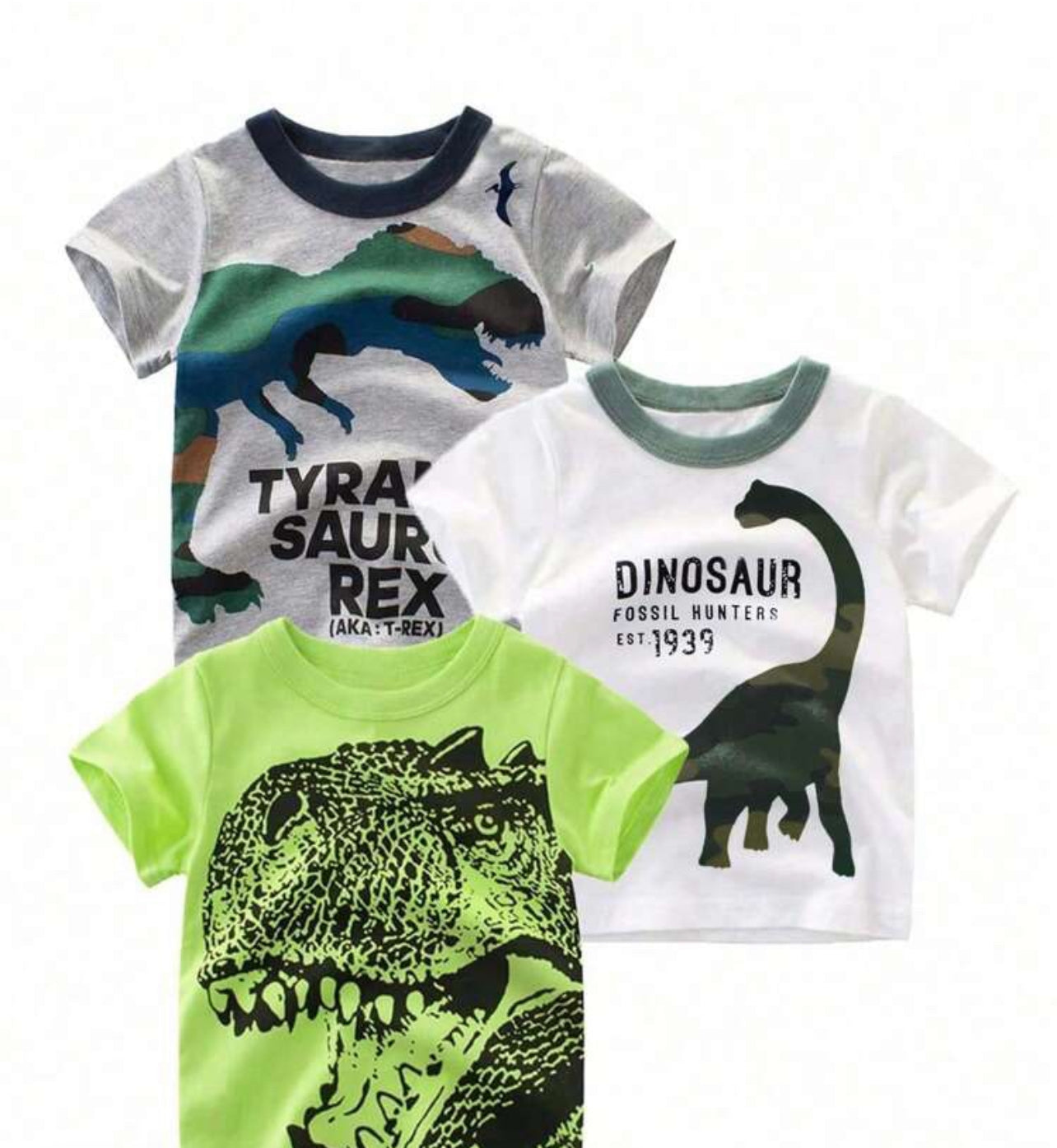 3pcs Young Boys' Casual, Comfortable, Breathable Dinosaur Tyrannosaurus Rex & Letter Printed Short Sleeve Round Neck T-Shirt Set