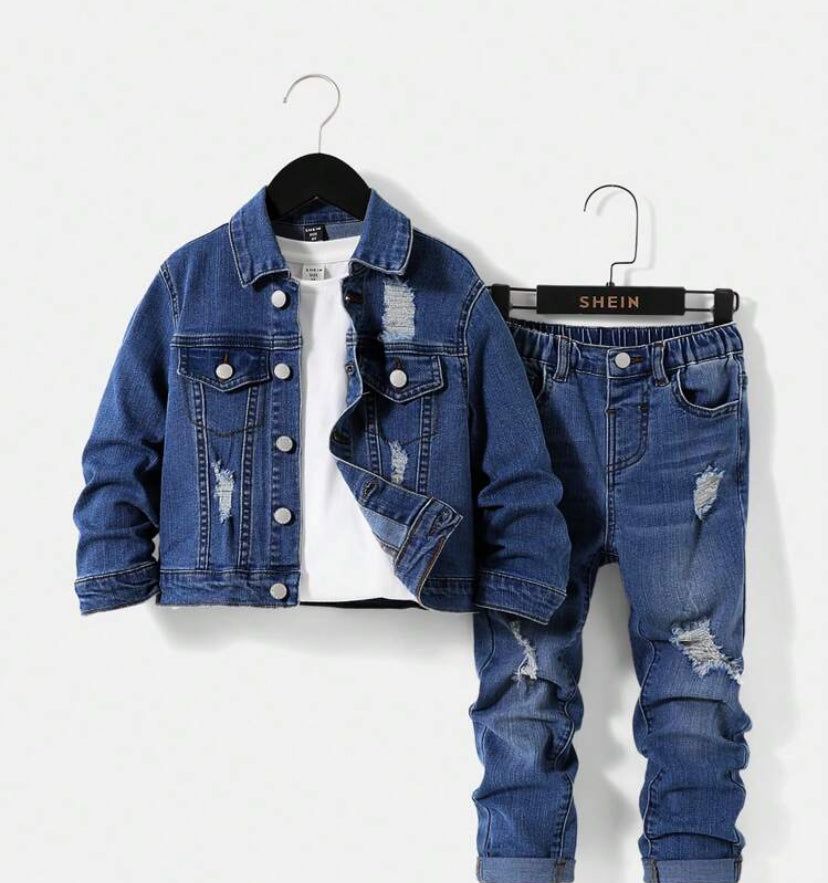 SHEIN Young Boy 2pcs Casual Loose Fit Long Sleeve Denim Jacket And Jeans Set