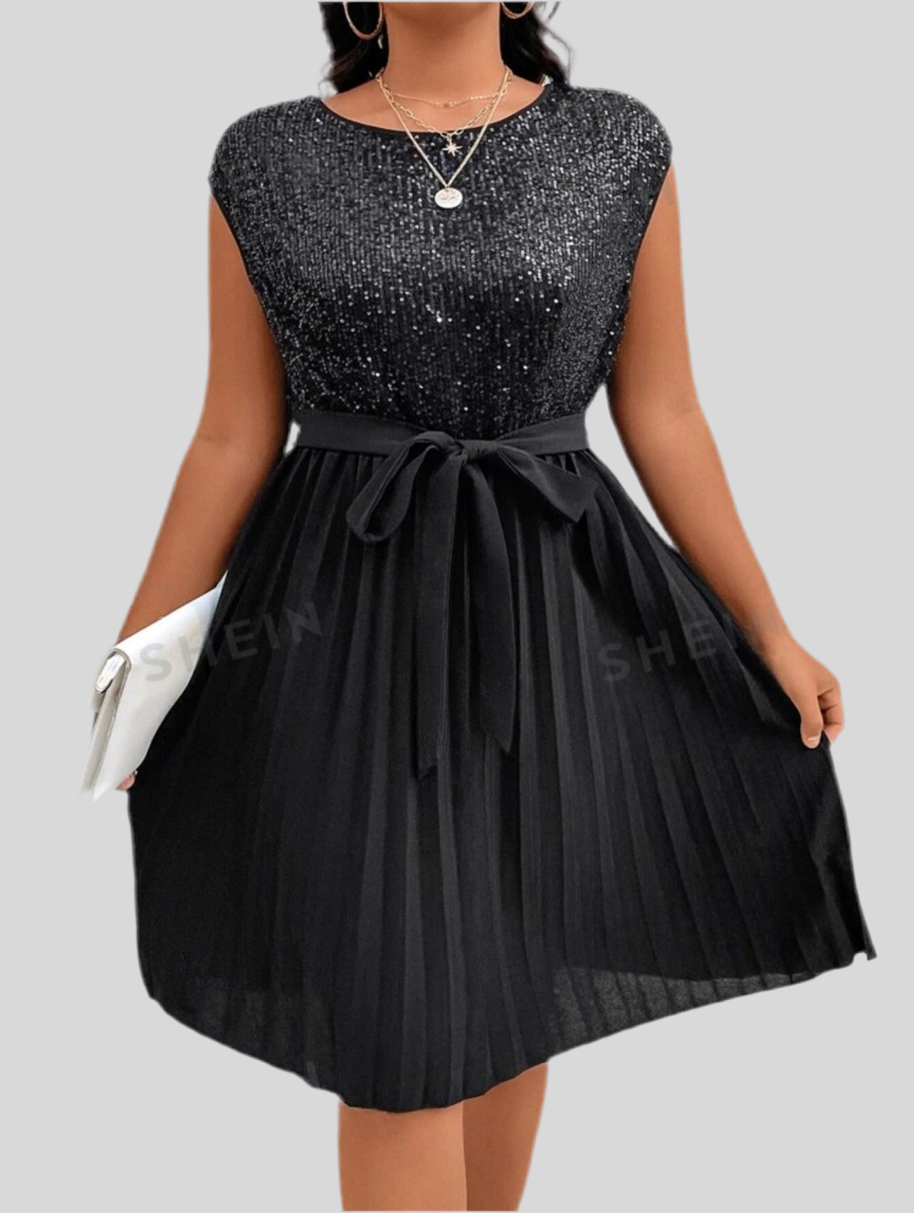 Clasi Plus Contrast Sequin Pleated Hem Belted Dress