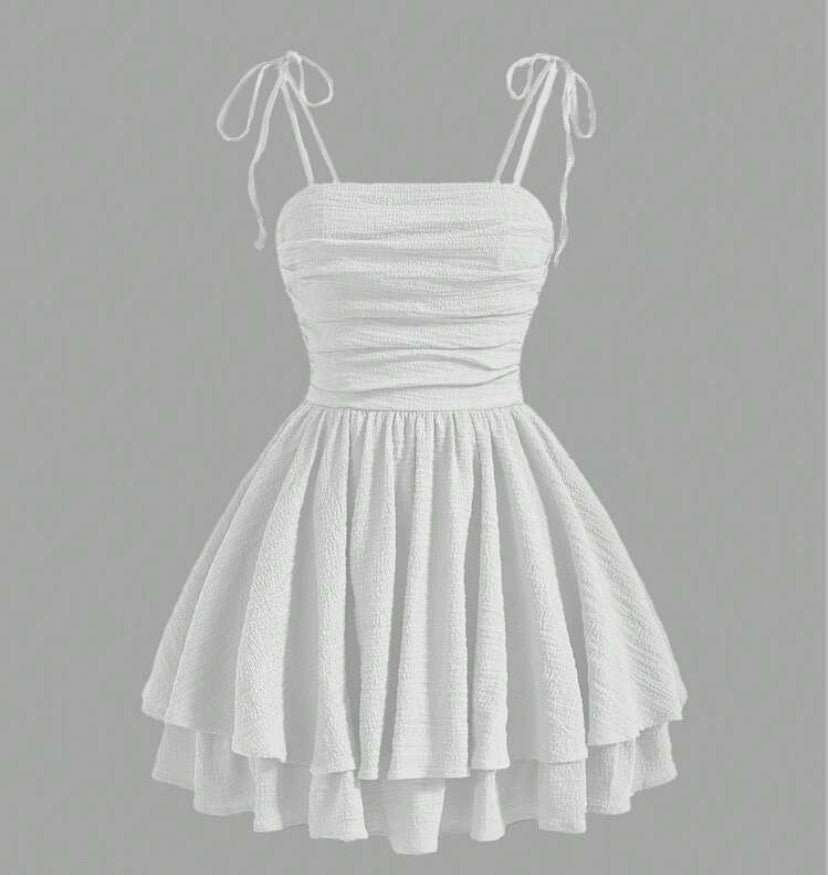 SHEIN MOD Solid Ruched Bust Tie Shoulder Double Hem White Cami Dress,White Graduation Dress