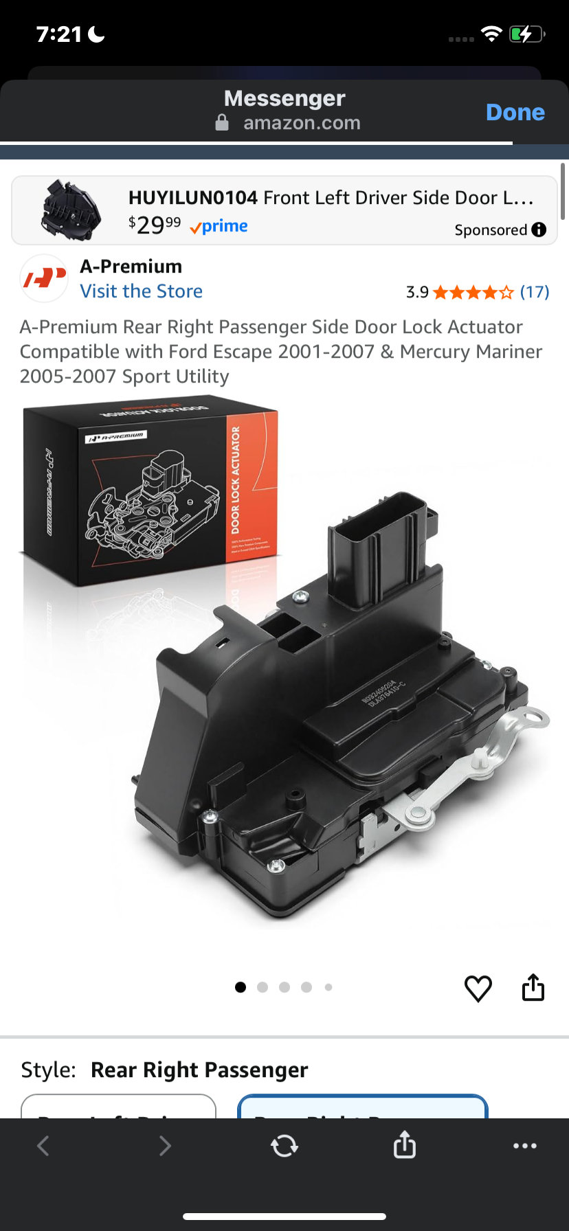 A-Premium Rear Right Passenger Side Door Lock Actuator Compatible with Ford Escape 2001-2007 & Mercury Mariner 2005-2007 Sport Utility