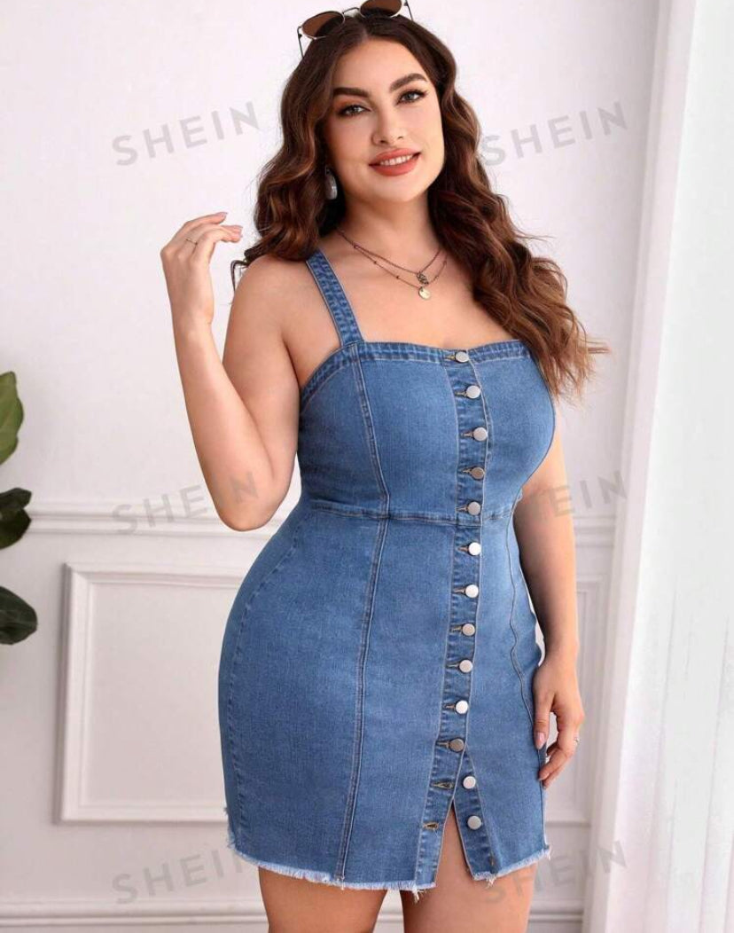 SHEIN Privé Plus Size Denim Button Front Cami Dress