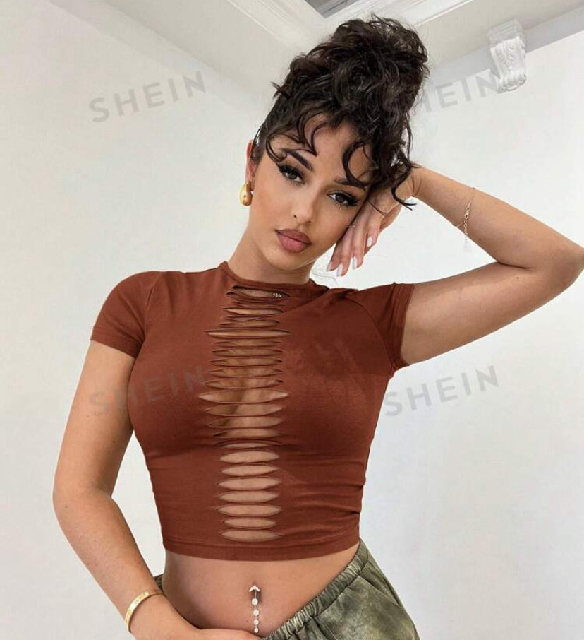 SHEIN BAE Solid Color Cut-Out Hole Distressed Tight Khaki Top, Spring/Summer Clothes, Music Festival Outfit, Concert Outfit, Daily Streetwear, Versatile Country Style Clothing