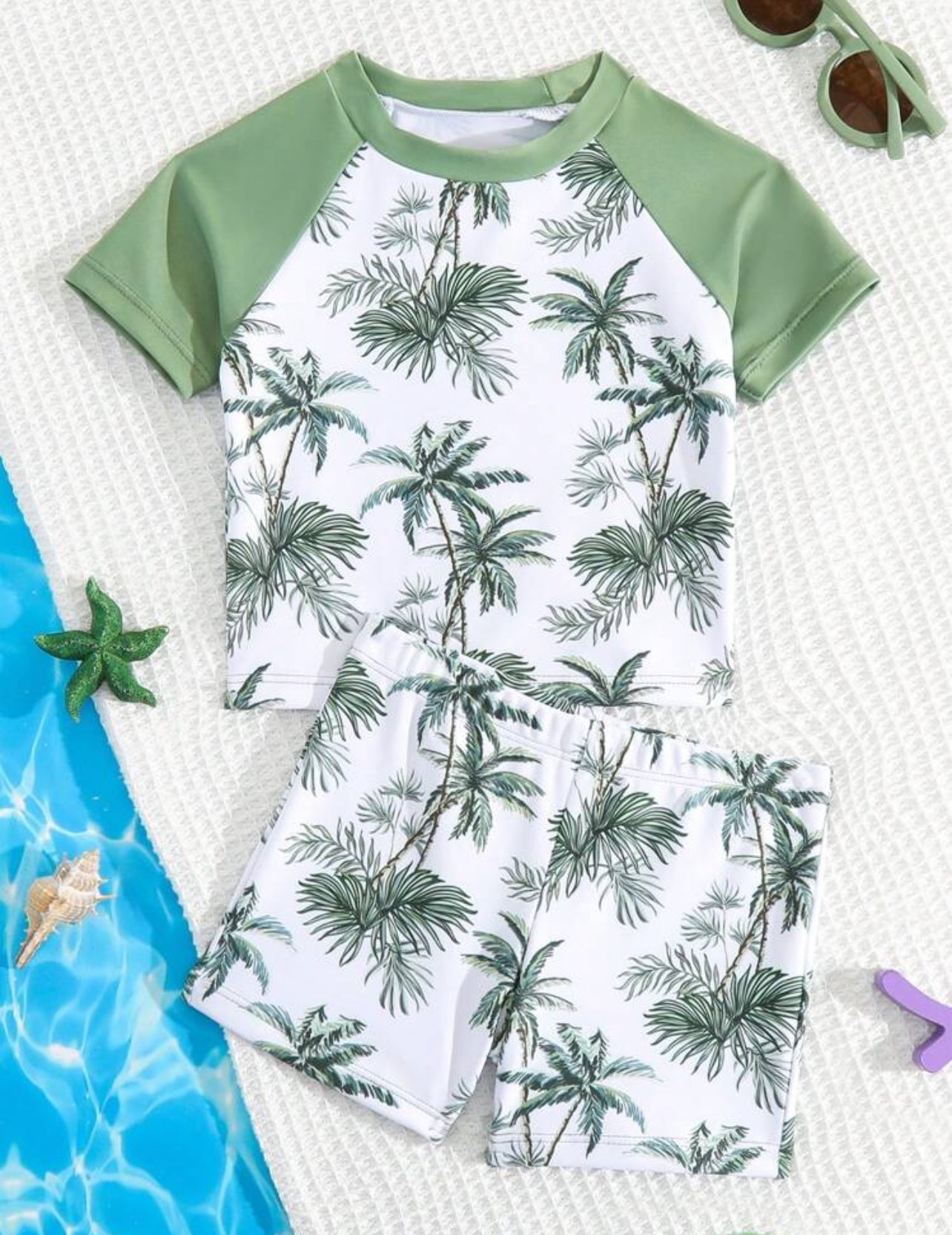 Baby Boy Summer Swimwear Short Sleeve Sun Protection Two-Piece Swimsuit Printed With Tropical Plants & Coconut Trees, Suitable For Beach Vacations