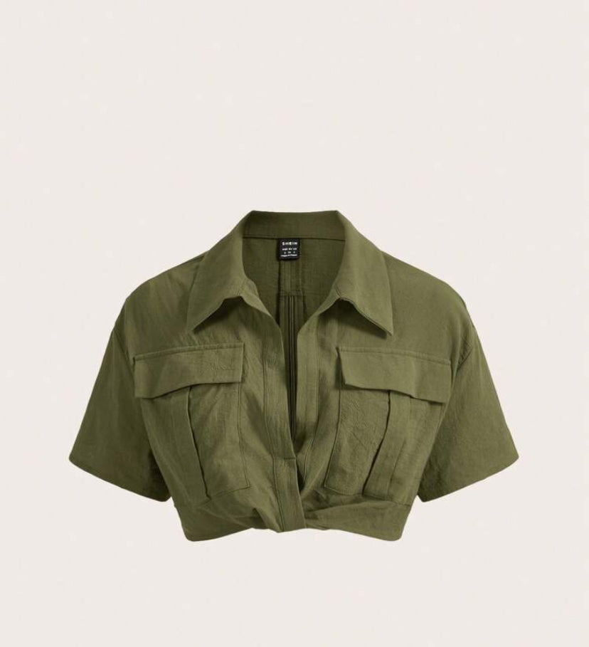 SHEIN x Marika Sila SHEIN EZwear Green Flap Pocket Drop Shoulder Crop Blouse