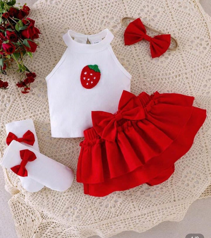 5pcs Baby Girl Cute Strawberry Embroidered Sleeveless Tank Top, Tiered Ruffle Skirt Dress With Decorative Bow, Headband And Socks Set