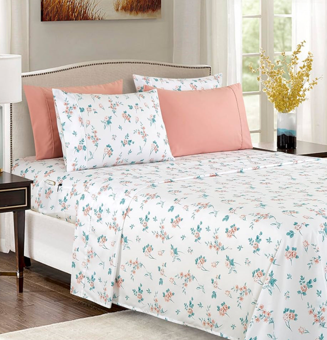 Elegant Comfort Softest and Coziest 6-Piece Sheet Set - 1500 Premium Hotel Quality Microfiber - Deep Pocket, Wrinkle Resistant 6-Piece Floral Bed Sheet Set, Full, Celia Pink