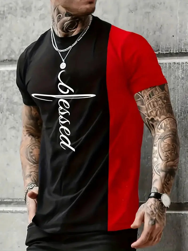 Cross Letter "Blessed" Pattern Print Men's Comfy Color Block T-shirt, Graphic Tee Men's Summer Outdoor Clothes, Men's Clothing, Tops For Men”