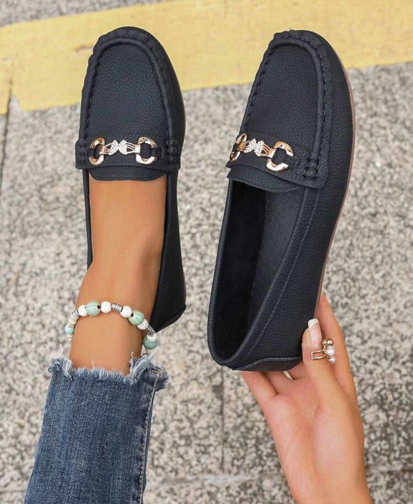 Women's Metal Butterfly Decor Flat Shoes, Round Toe Anti-Slip Black Loafers For Spring And Autumn