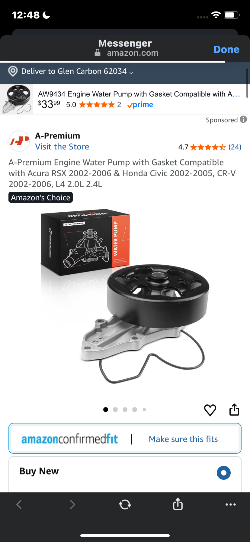 A-Premium Engine Water Pump with Gasket Compatible with Acura RSX 2002-2006 & Honda Civic 2002-2005, CR-V 2002-2006, L4 2.0L 2.4L