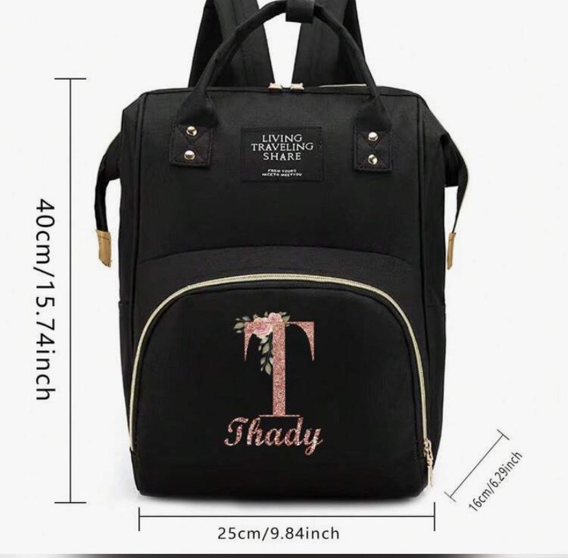 1pc Customized LAND Mommy Diaper Bags Large Capacity Nursing Backpacks Personality Custom Name Rose Gold A To Z Pattern Fonts Pattern Travel Nappy Backpacks With Changing Mat Convenient Baby Nursing Bags Personal Tailor Portable Outting Bag Travel Nappy B