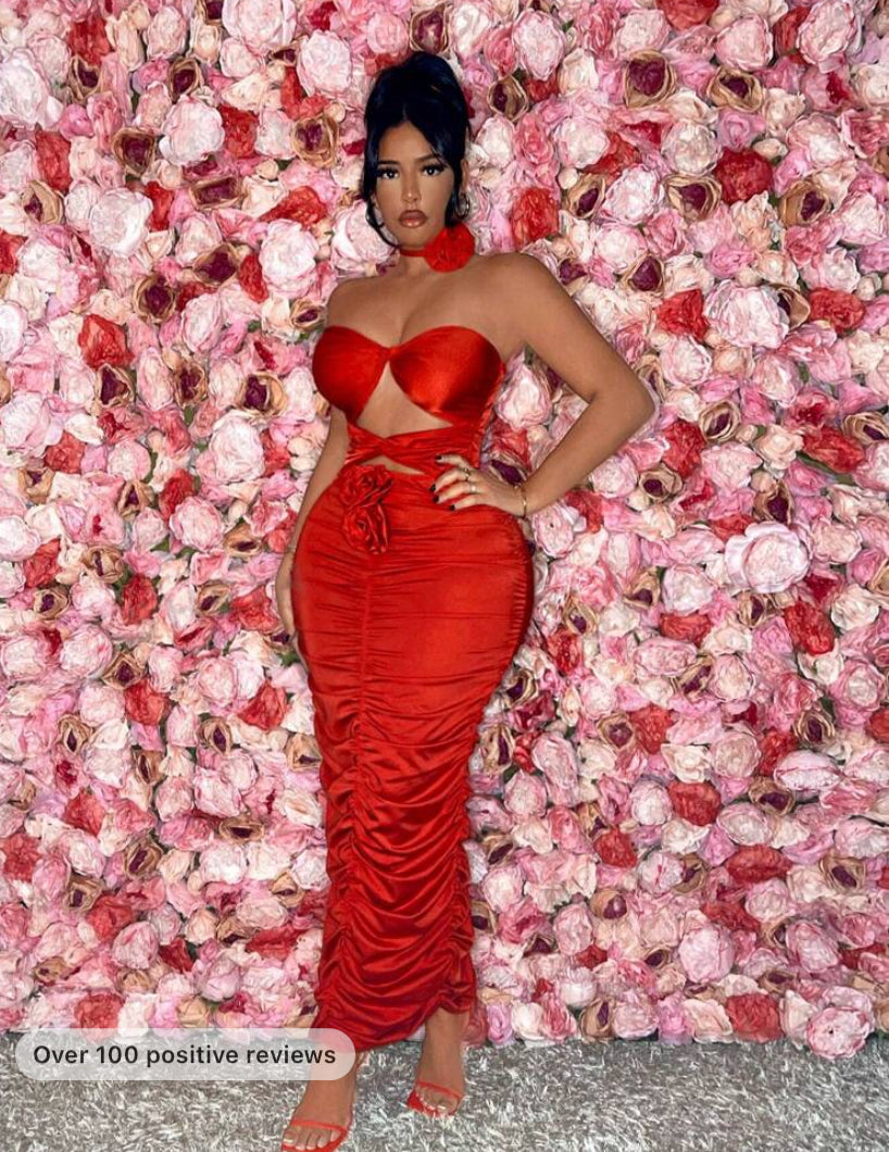SHEIN SXY Valentine's Day Sexy Red Prom Heart Spring Party Date Night Ruffle Hollow Out Women Elegant Party Strapless Pleated Floor-Length With 3d Flower Decoration