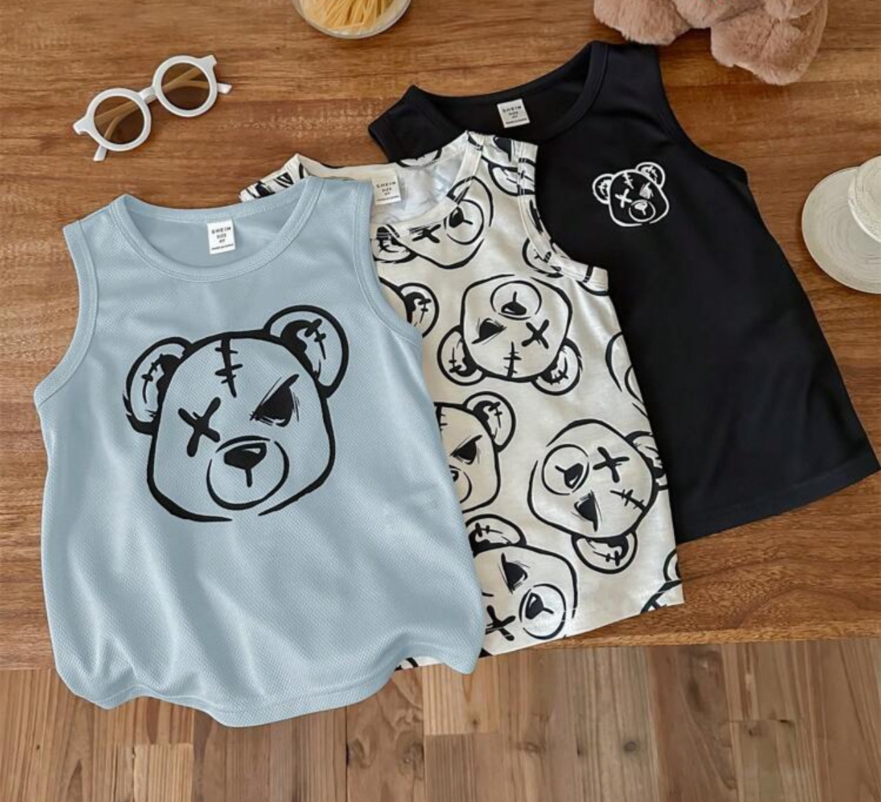 3pcs Young Boys Cute Cartoon Bear Print Round Neck Lightweight Comfortable Tank Tops