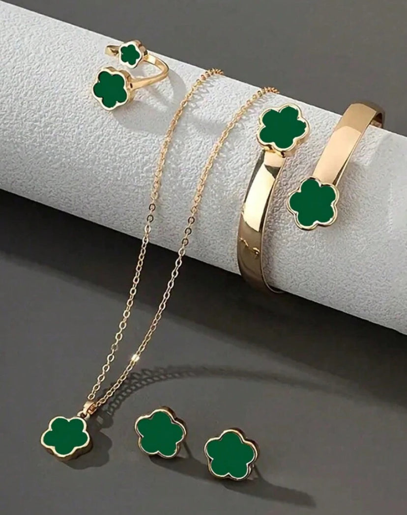 5pcs/Set Lucky Clover Designed Necklace, Earrings, Bracelet And Ring Set