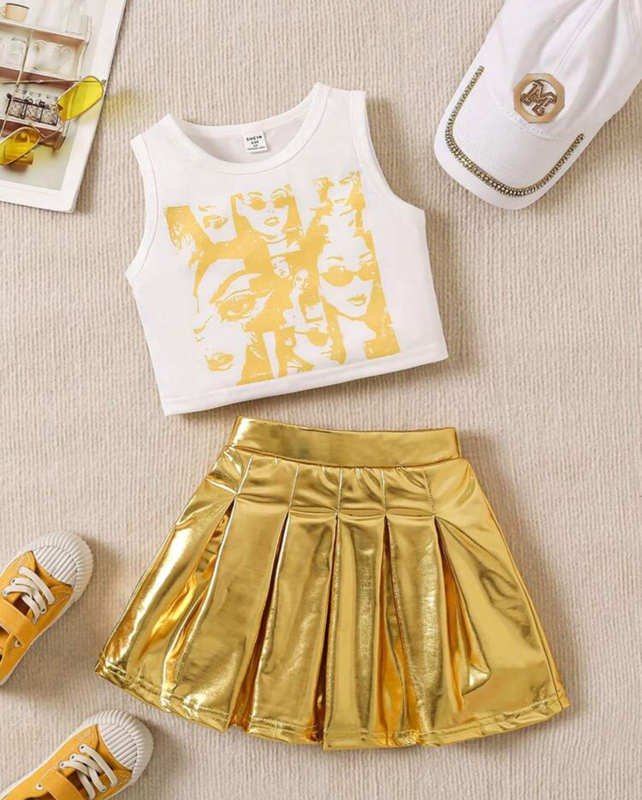 Young Girl Portrait Print Tank Top And Pleated Skirt