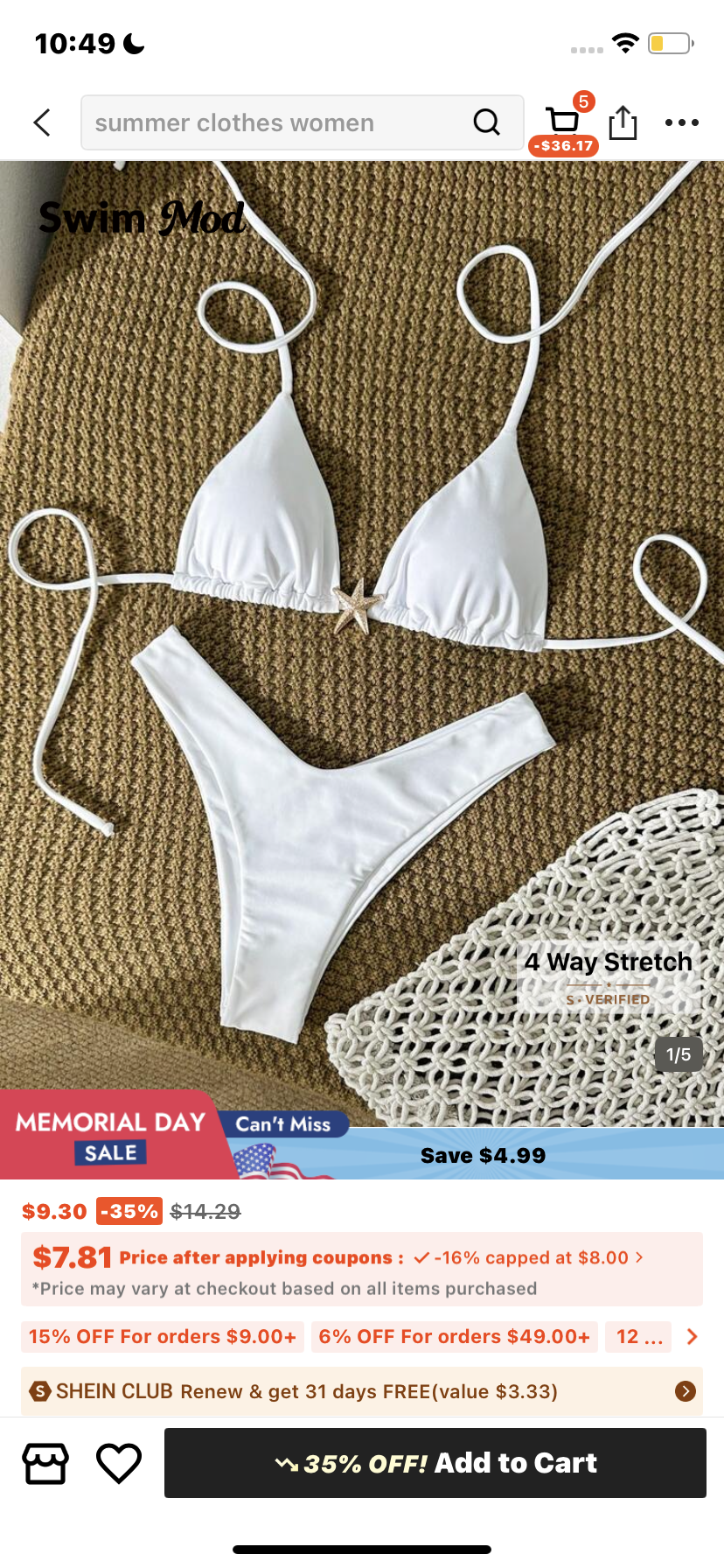 Swim Mod Women's Solid Color Metal Decor Spaghetti Strap Sexy Bikini Set, Summer