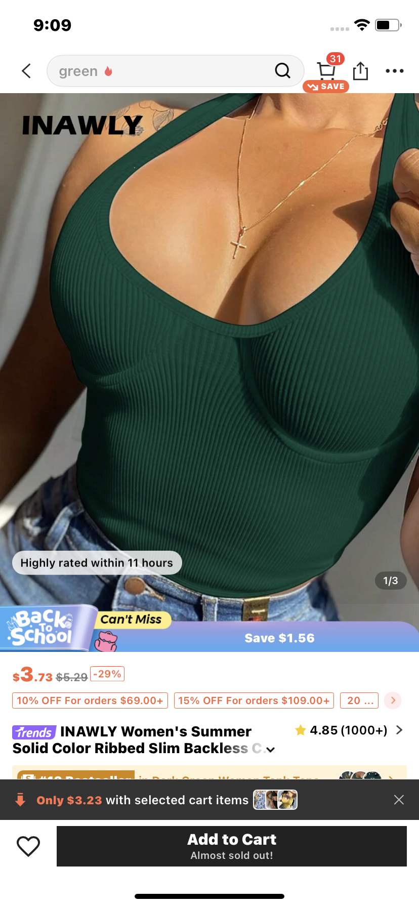 INAWLY Women's Summer Solid Color Ribbed Slim Backless Camisole