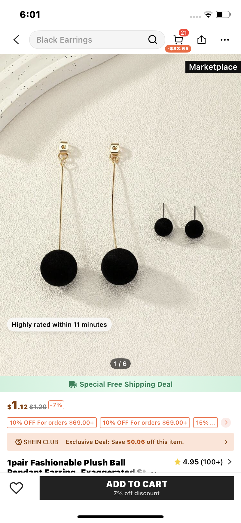 1pair Fashionable Plush Ball Pendant Earring, Exaggerated Style, Black And Red, Suitable For Daily Use, Fits Women, The Metal Stick In The Middle Is Detachable, Can Be Worn As Stud Earrings, Two Ways To Wear