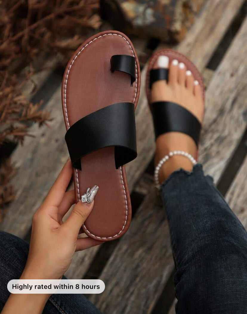 Women's Casual Flat Slippers With Toe Ring, Round Open Toe Anti-slip Slides, Outdoor Beach Sandals