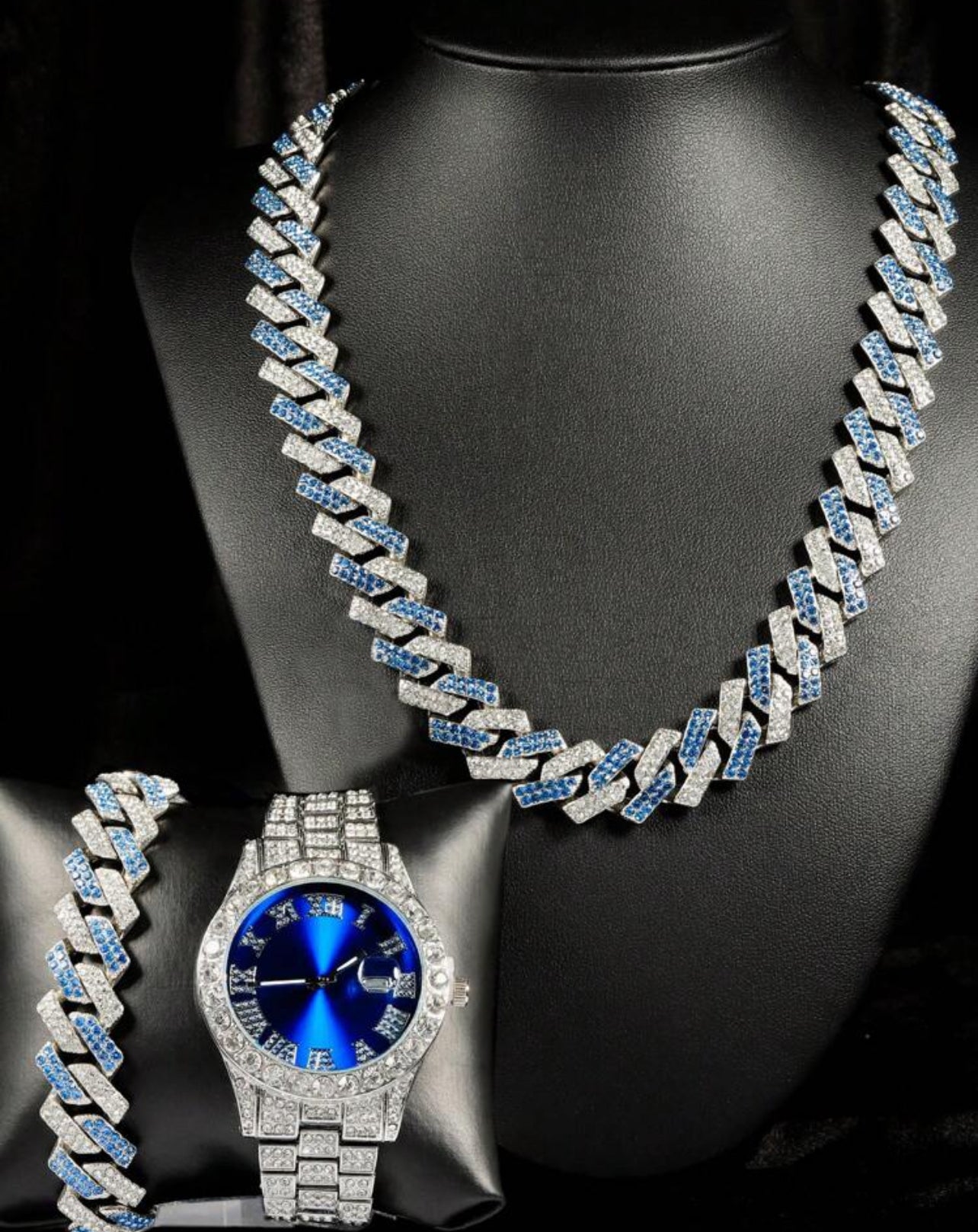 3pcs Hip-Hop Watch Jewelry Set Iced Out Punk Blue&Silver Chain+Bracelet Inlay Rhinestone Watch For Party Gift