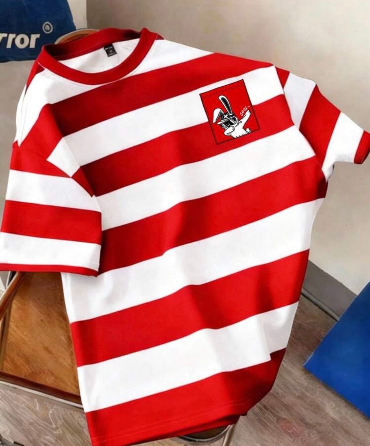 Daypath Men's Casual Red & White Striped Rabbit Print T-Shirt, Suitable For Gifting, School, Outdoor Wear