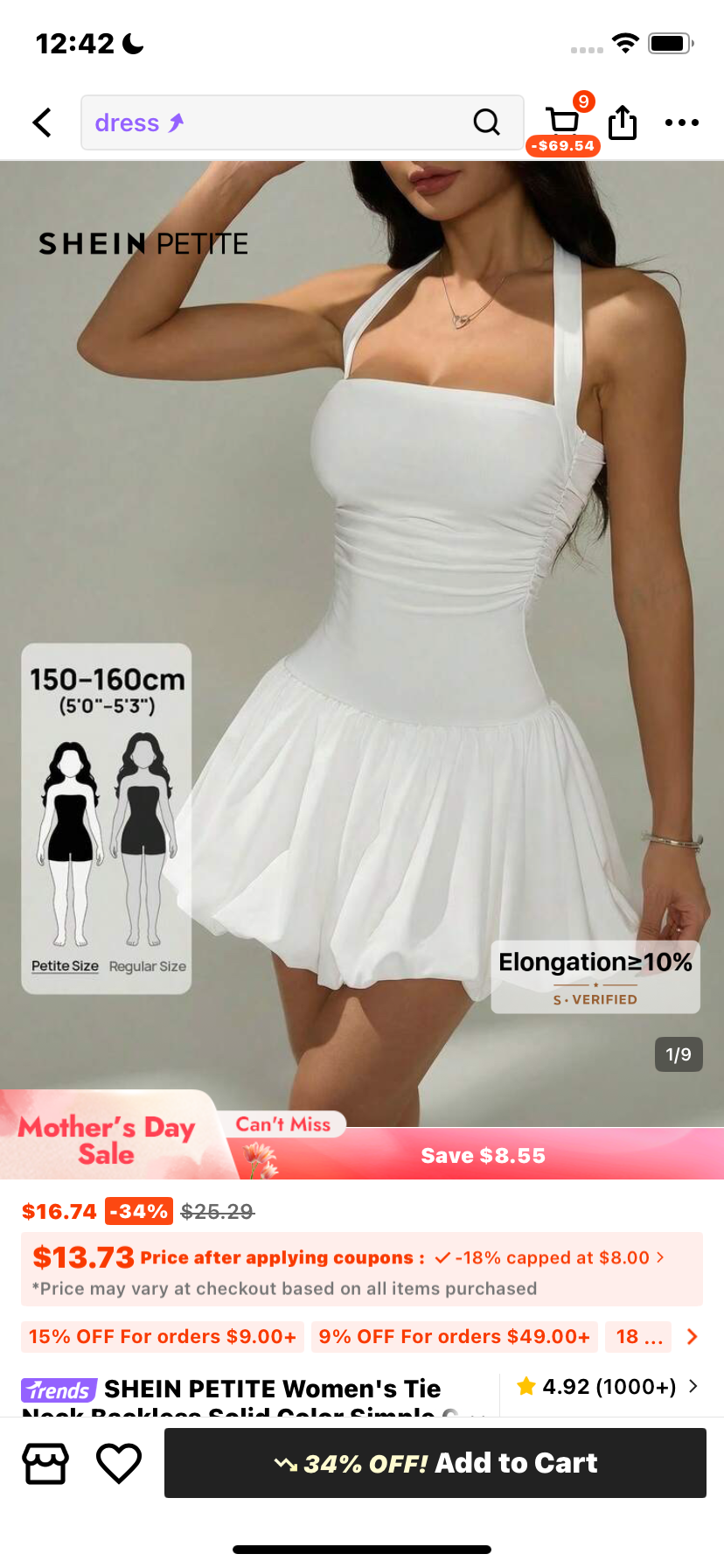 SHEIN PETITE Women's Tie Neck Backless Solid Color Simple Casual Mini Bubble Dress,Rave Outfits Festival,Summer Dresses For Women,White Dresses For Women