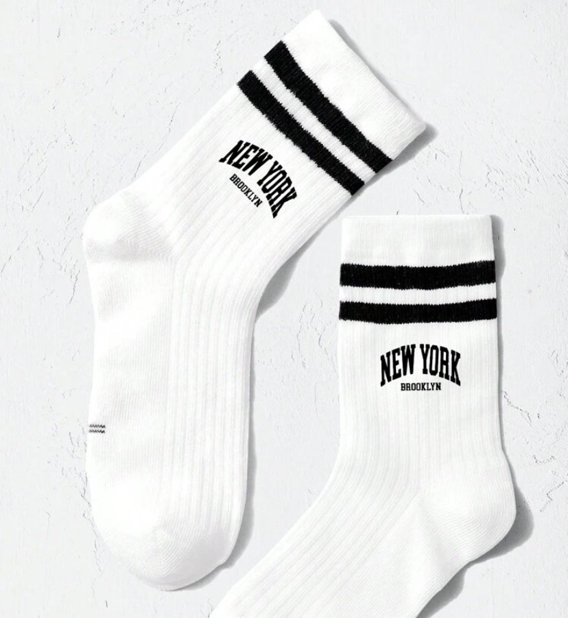 1pair Children's Double-Barred Trendy Letter Sport Mid-Calf Socks, Casual & Versatile For Daily Wear