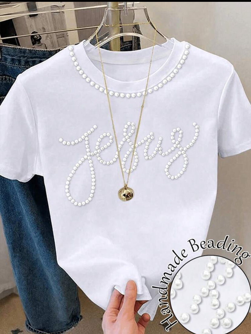SuriyaCove Women's Casual Round Neck Short Sleeve T-Shirt With Beaded Decor