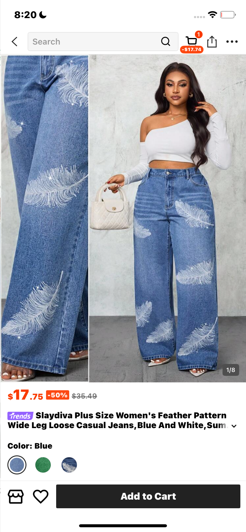 Slaydiva Plus Size Women's Feather Pattern Wide Leg Loose Casual Jeans,Blue And White,Summer,Everyday Old Money Style Vintage Office Business Casual Wear