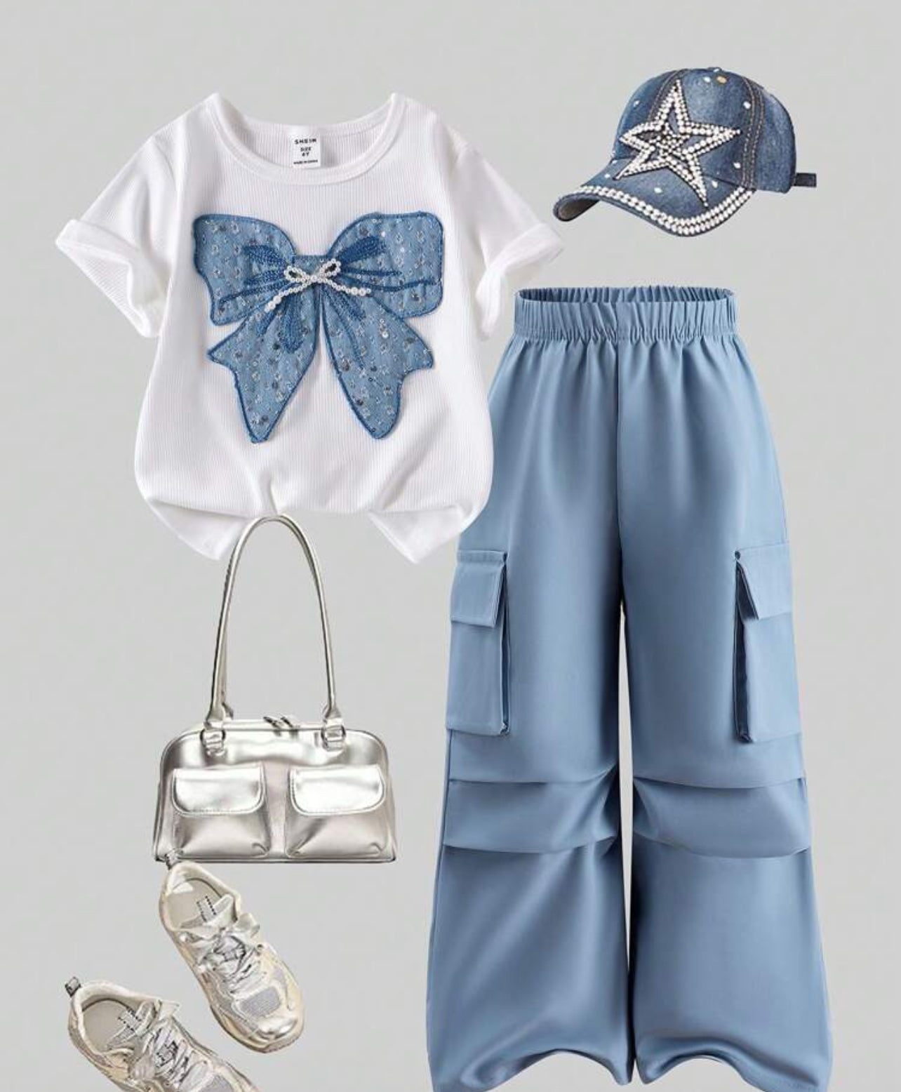2pcs/Set Young Girl Knitted White Short Sleeve Top T-Shirt & Blue Knitted Sequin Bow Decor Cargo Pants, Summer Outfit