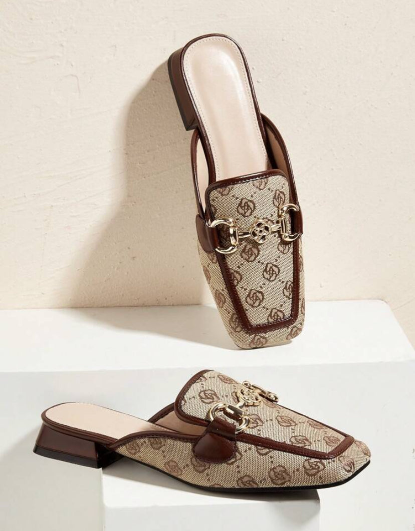 Women's Flat Square Toe Embroidery Fashion Buckle Mules