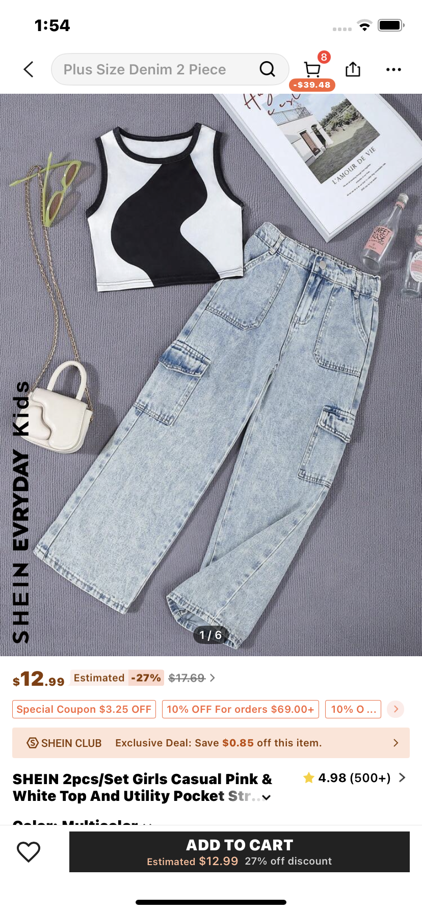 SHEIN 2pcs/Set Girls Casual Pink & White Top And Utility Pocket Straight Leg Jeans, Plus Size