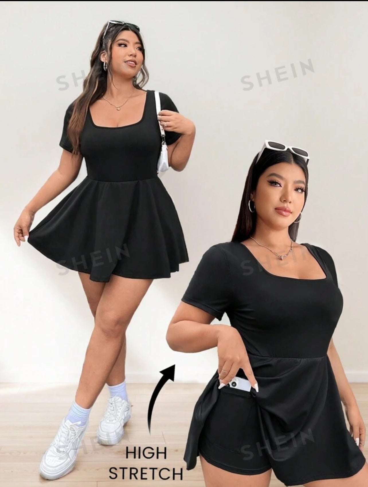 EZwear Plus Size Women's Fall Winter Casual Short Sleeve Black Crew Neck A-Line Ruffled Hem High Stretch Moisture-Wicking Quick-Drying Lightweight Comfortable Solid Color Romper With Pockets For Outdoor, Yoga, Fitness