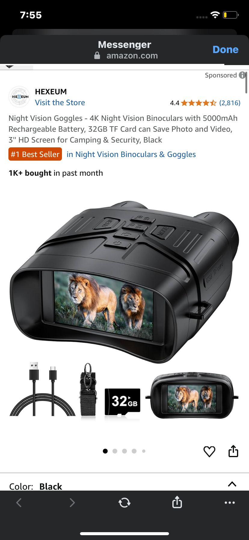 Night Vision Goggles - 4K Night Vision Binoculars with 5000mAh Rechargeable Battery, 32GB TF Card can Save Photo and Video, 3'' HD Screen for Camping & Security, Black