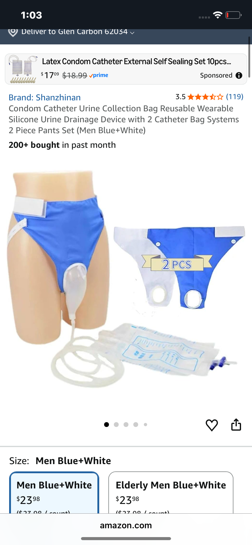 Condom Catheter Urine Collection Bag Reusable Wearable Silicone Urine Drainage Device with 2 Catheter Bag Systems 2 Piece Pants Set (Men Blue+White)