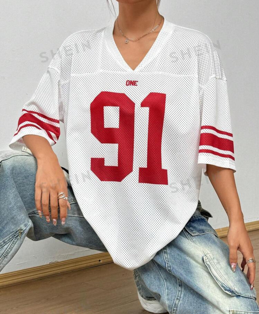 SHEIN HypeZone Women's Summer Loose Fit V-Neck Digital Printed T-Shirt With Drop Shoulder And Mesh Panel Graphic Tees Women Tops