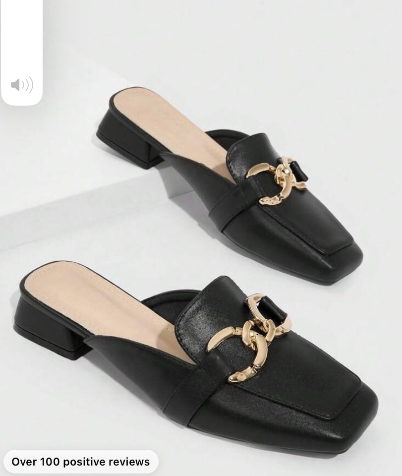 CUCCOO BIZCHIC Woman Metal Decor Square Toe Flats, Elegant Black Mule Shoes For Summer Vacation Shoes Summer Sale Back To School Shoes College Student Shoes Elegant Basics Business Casual Business Chic Halloween
