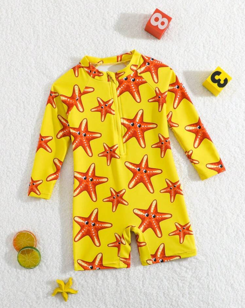 1pc Baby Boys' Star Print Long Sleeve One-Piece Rash Guard Swimsuit