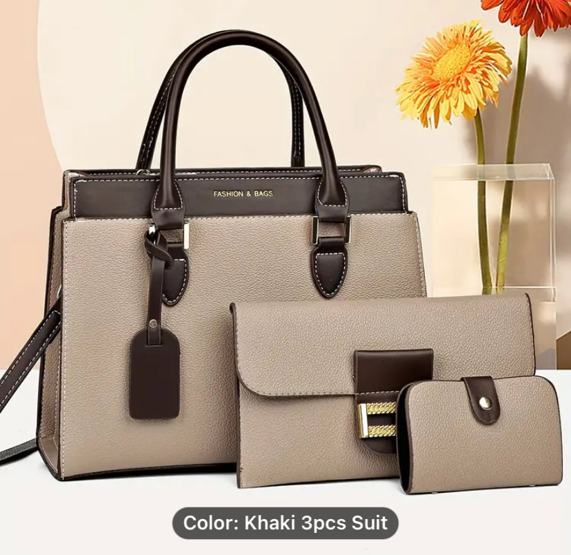 Fashionable Women's Bag Set, Classic Colorblock Tote Bag With Clutch Square Purse And Mini Credit Card Case